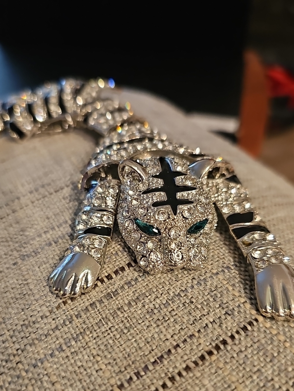 Silvertone Brooch with Emerald Eyes